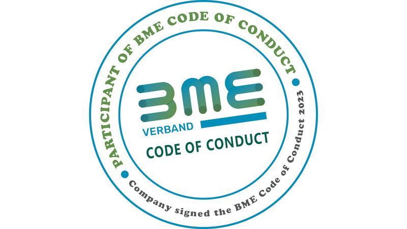 Round logo "BME VERBAND, CODE OF CONDUCT" in the colors blue, green, turquoise