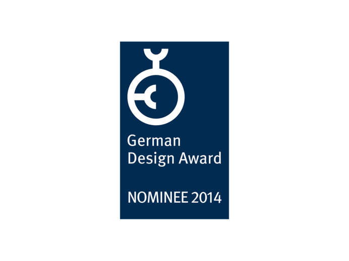 Logo - German Design Award, NOMINEE 2014, on a blue background