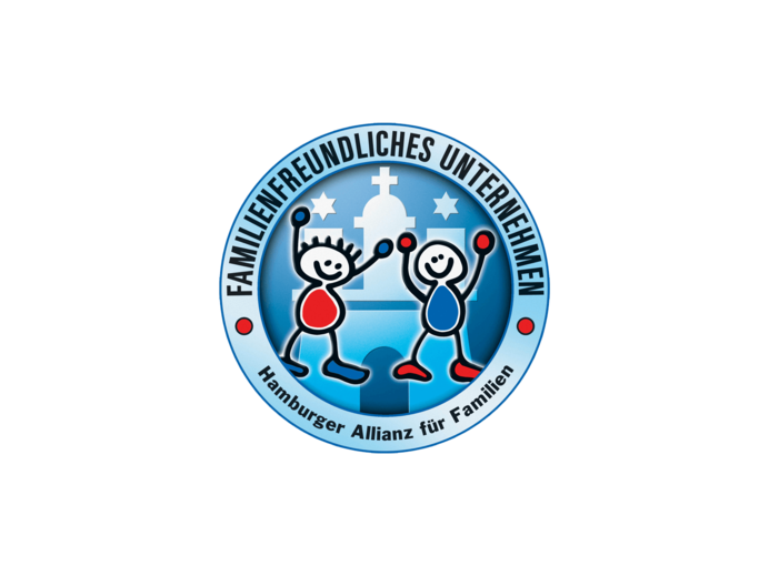 Logo - Familienfreundliches Unternehmen der Hamburger Allianz für Familien, in the background the Hamburg coat of arms with 2 happy figures in the foreground