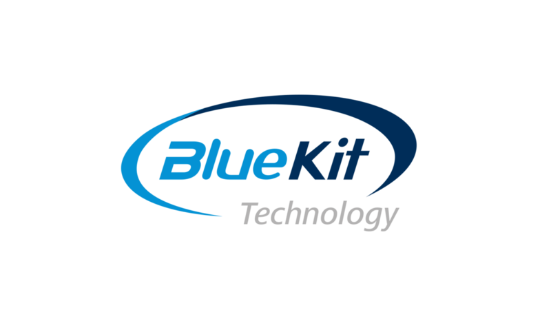 BlueKit logo in light and dark blue lettering with border on white background