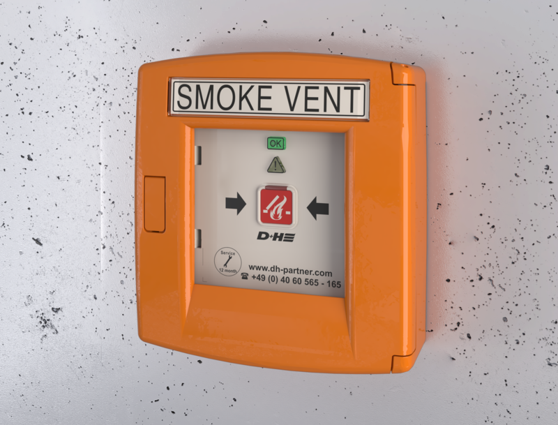 Smoke vent control panel in orange on a wall